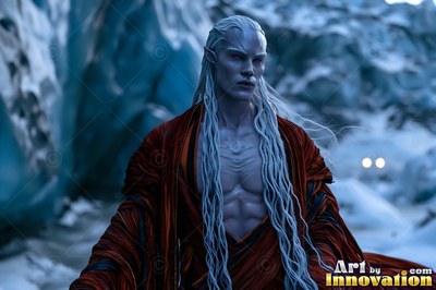 A pale alien man with braided white hair stands outside by icy blue rocks wearing a red robe