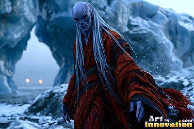 In a snowy ice canyon, a blue-skinned alien man with long white hair wears a red robe