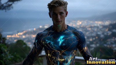 Standing at dusk, a young adult man wears a dark blue superhero suit lit with lightning