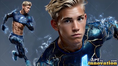 Leaning forward against a dark background, a blond-haired man wears a blue superhero suit with lightning