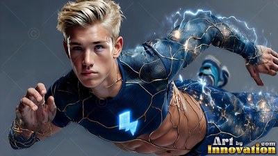 A blond youthful man flies forward in a blue costume crackling with lightning