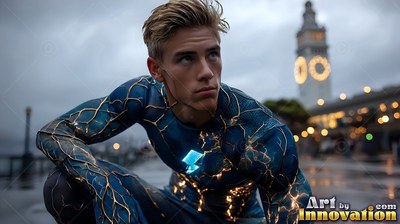 Crouching on a wet pier, a blond young adult man wears a cracked dark blue suit near a clock tower