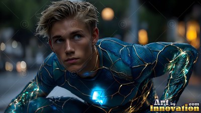 A young blond-haired man crouches outdoors in a blue patterned suit