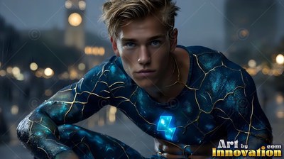 Gold cracks pattern the blue suit of a crouching blond-haired man against city lights