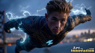 A young man flies through the dusk sky with bright blue sparks of lightning trailing his arms