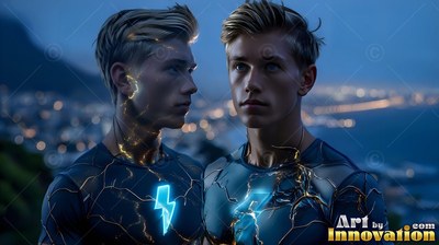 Standing side by side above city lights, two men wear suits with bright blue bolts