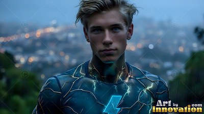 A young yellow-haired man wears a dark suit with lightning lines above city lights