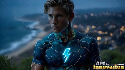 Above a dark beach, a young fair-haired man stands in a dark blue suit with a bright lightning bolt