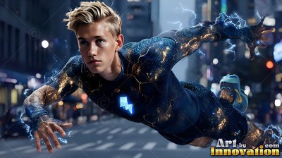 Flying over a city street, a youthful man wears a dark suit charged with blue sparks