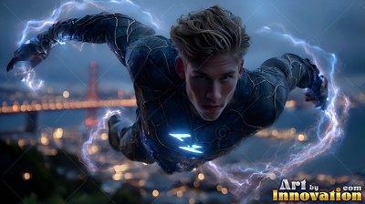 Wearing a dark suit with lightning lines, a youthful man flies over a city bay at night