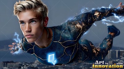 A young blond man flies over a city, blue lightning crackling from his dark suit