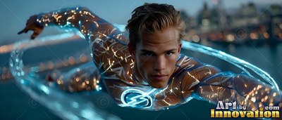 A blond young man flies forward over the dark bay in a bright lightning suit