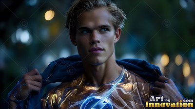 On a dark street in the city, a yellow-haired man pulls open his jacket to show a silver lightning suit