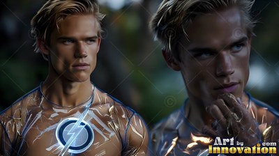 A lightning bolt emblem on his sheer suit, a blond man stands in a dim garden at dusk