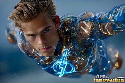 A young fair-haired man flies forward in a dark blue suit lined with bright electric crackling blue lightning