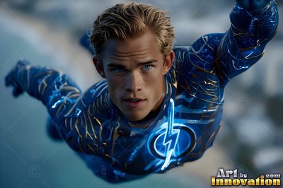 Flying face-forward in the sky, a fair-haired man wears a dark blue suit with lightning symbols