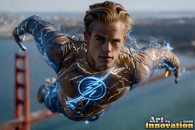 A blond youthful man flies over a red bridge in a crackling blue lightning suit