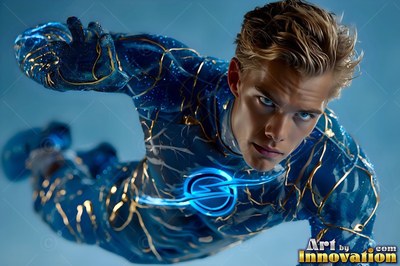 In the blue sky, a light-haired man flies forward in a blue bodysuit with gold lines