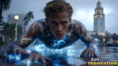 A lightning bolt symbol on his chest, a blond-haired man crawls on wet stone before a clock tower