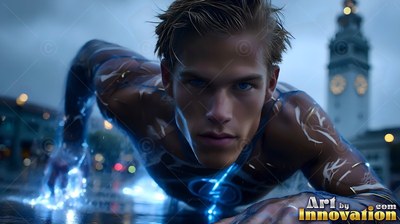 A man crouches on a wet urban street, his hand sparking with bright blue light