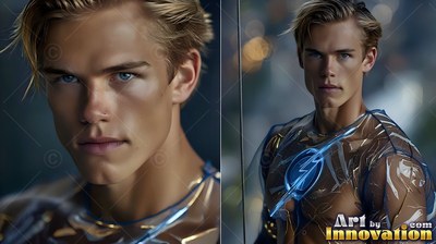 Facing forward in the city night, a blond-haired man wears a clear lightning suit