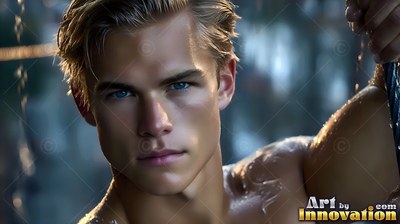 A shirtless yellow-haired man with blue eyes looks forward in the dark rain