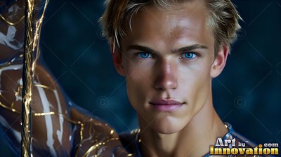 In a dark room, a yellow-haired man with blue eyes has thin gold threads across his arm