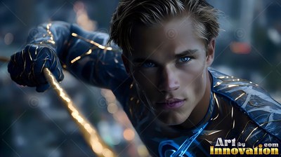 Holding a bright yellow cord, a blond young man clad in a blue superhero suit looks forward at night