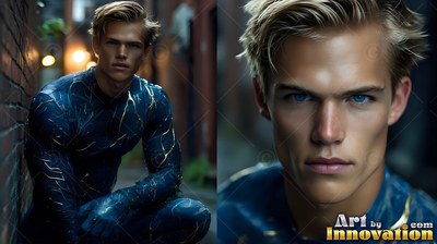 Blond man crouching in a dark alleyway in a blue costume