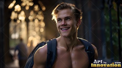 Blond hair catches the sun on a smiling, shirtless man wearing a backpack outdoors