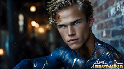 A yellow-haired man leans against a brick wall, wearing a blue costume with gold streaks