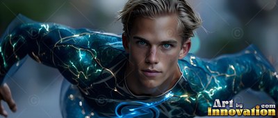 A blond man in a teal lightning suit runs forward with focused blue eyes