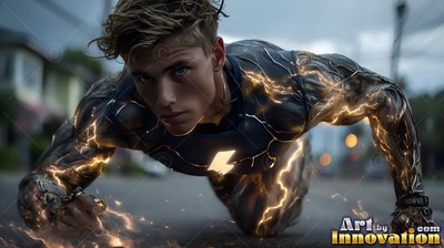 On a paved street, a young man crawls forward with yellow electricity crackling on his suit