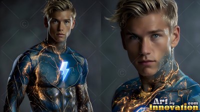 Facing the camera, a yellow-haired man wears a dark blue superhero suit with lightning patterns