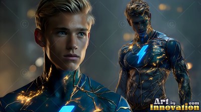 Two blond men in dark suits with bright blue lightning bolts on their chests