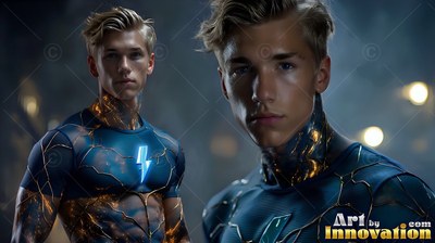 A bright lightning bolt on a dark blue suit marks a young blond man in a dark city night