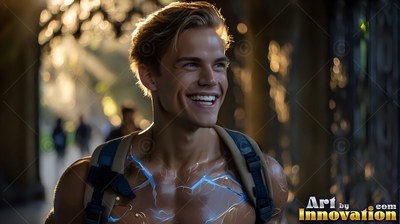 A smiling blond man walks outside with blue light crackling on his chest