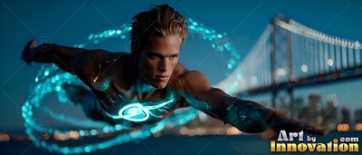 Flying horizontally, a man soars past the Bay Bridge with blue light around his chest