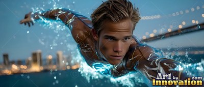 A light-haired man flies over the bay with blue electricity on his skin