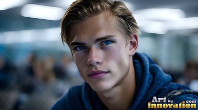 In a bright lecture hall, a young light-haired man in a blue hoodie looks ahead