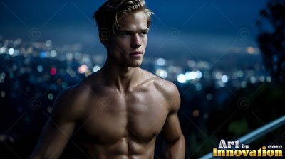 A shirtless muscular man stands against blurred night city lights