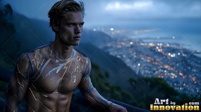 Gold lightning patterns mark the chest of a light-haired man on a hill above city lights