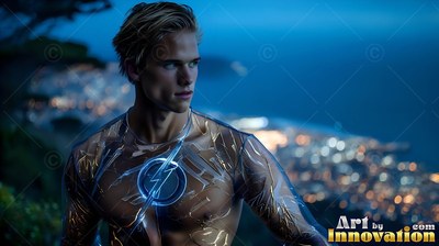 A fair-haired man stands looking aside at dusk with a pale blue lightning emblem on his chest