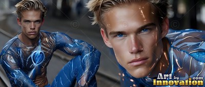 Crouched low on city train tracks, a blond man wearing a blue lightning suit looks up