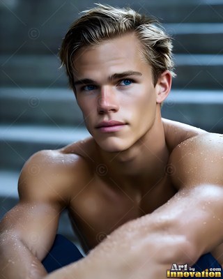 Sitting on concrete steps, a shirtless light-haired man with blue eyes looks forward