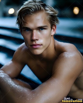 Shirtless blond man with wet skin sits on dark steps outdoors