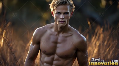 A shirtless fair-haired man stands outdoors in dry brush in warm late-day sunlight