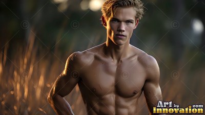 Facing forward shirtless, a blond-haired man stands in tall grass at sunset
