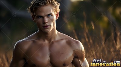A shirtless blond-haired man looks ahead in warm evening light in a dry grassy field