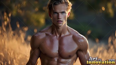 In a dry grassy field, a shirtless muscular man looks straight ahead